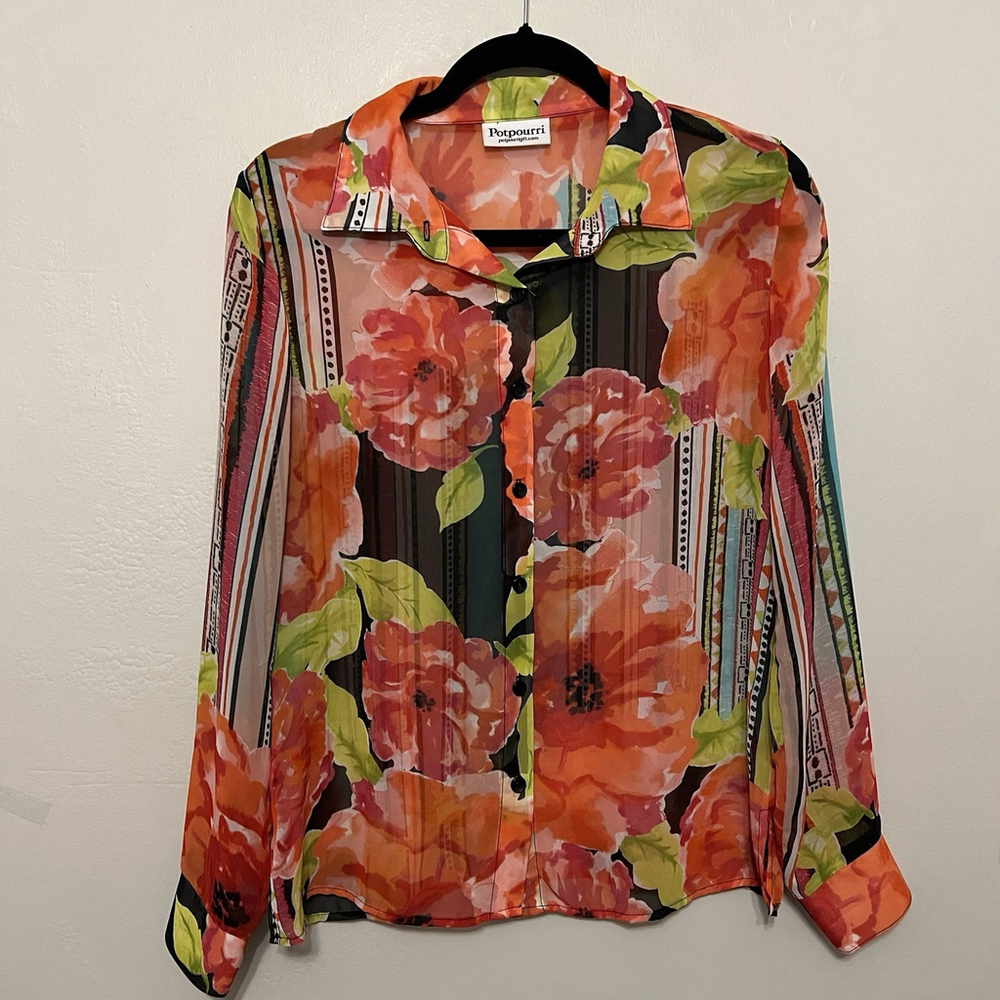 Potpourri Sheer Feminine Romantic button-down floral‎ Artsy Blouse M